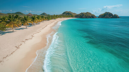 tropical paradise beach with turquoise waters, soft sand, and palm trees. serene landscape invites relaxation and enjoyment of nature beauty