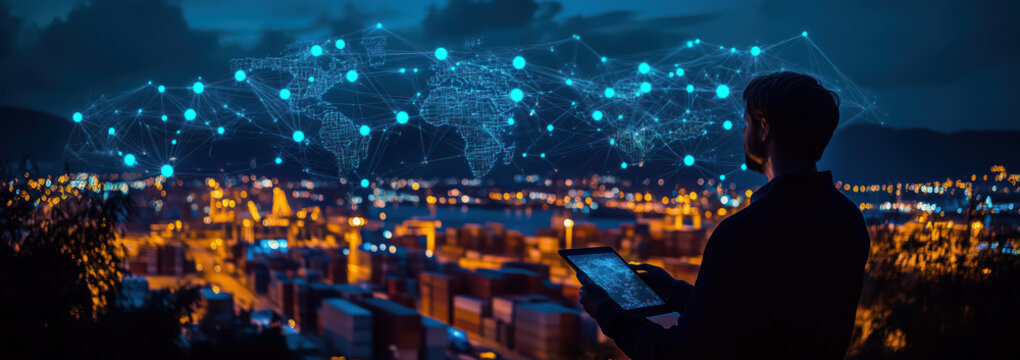 Bussinessman at shipping port using smart tablet for logistic with world map hologram data network.