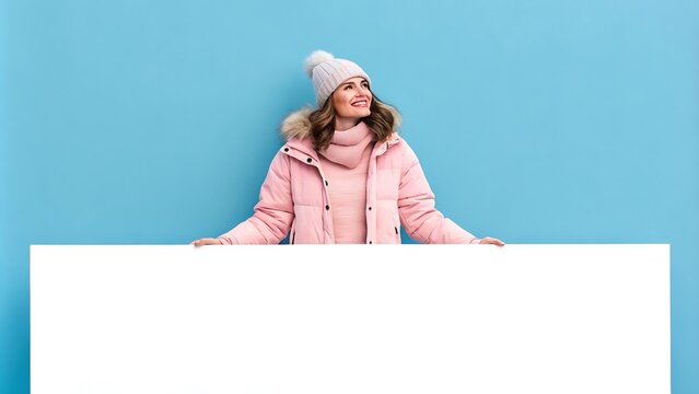  pink jacket holding a blank white banner for advertisement - Powered by Adobe