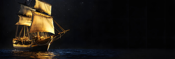 Golden Age Pirate Ship Sailing on Tranquil Seas black background