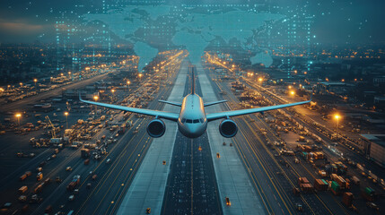 Fototapeta premium Airplane on the sky transport flight to airport with hologram world map on the background.