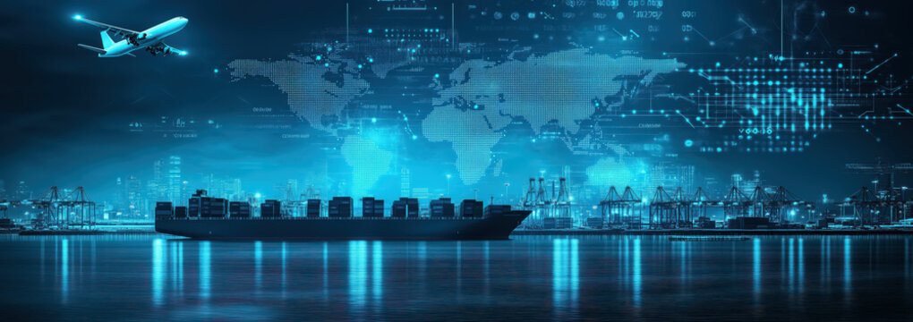 Airplane on the sky transport flight to airport with hologram world map on the background.