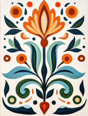 Bright floral design with bold colors and intricate patterns, featuring large flower at center surrounded by leaves and circular elements, creating vibrant and artistic composition