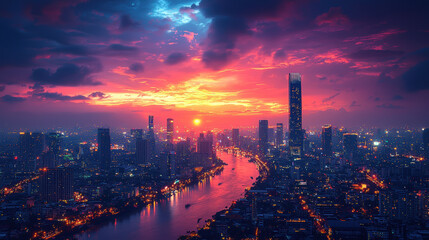 Fototapeta premium vibrant city skyline at twilight, showcasing colorful lights reflecting on river. sunset casts warm glow over urban landscape, creating stunning visual