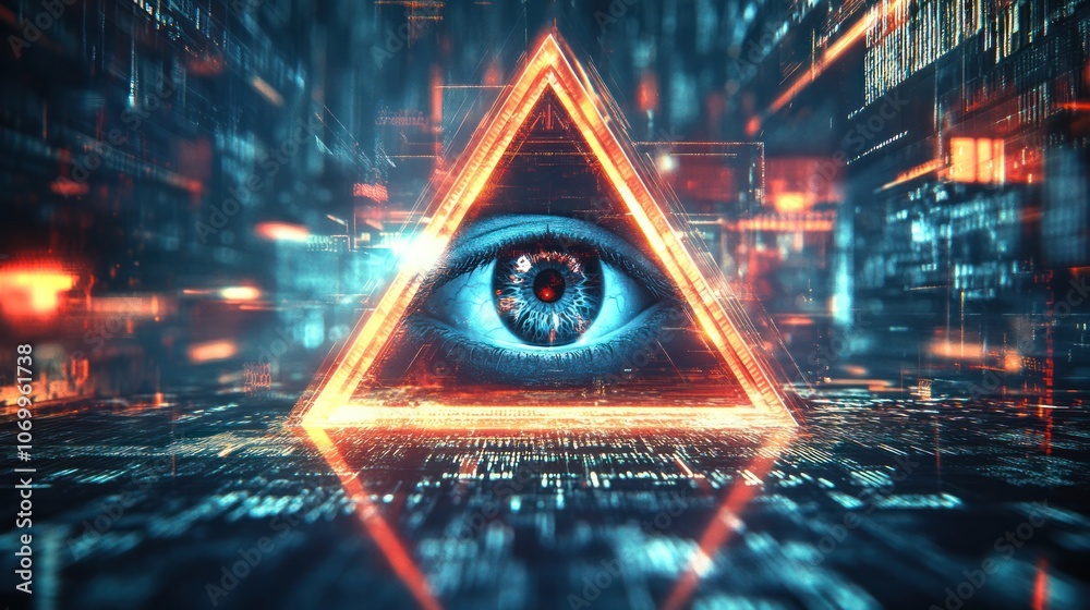 Poster an all-seeing eye inside a glowing triangle with sharp lines surrounded by digital codes and abstrac