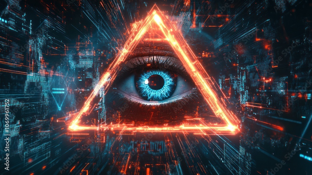 Poster an all-seeing eye inside a glowing triangle with sharp lines surrounded by digital codes and abstrac