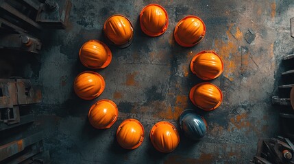 Safety helmets arranged in a circular pattern on a dirty industrial floor, suggesting a team huddle or a safety-focused approach in a workspace.