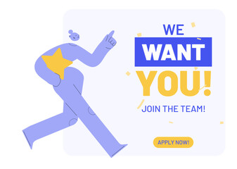 Recruiting concept. Minimal vector illustration for human resources and management. Abstract character with text join our team and we want you! 