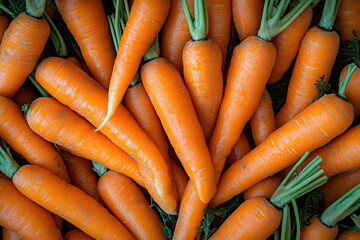 Fresh, vibrant orange carrots piled together, showcasing their natural beauty and freshness. Perfect for healthy meals and snacks