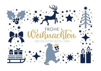 Frohe Weihnachten und ein gutes neues Jahr - Postkarte mit deutschem Text - dekoratives Weihnachtsmotiv - blau gold - Vektor Illustration