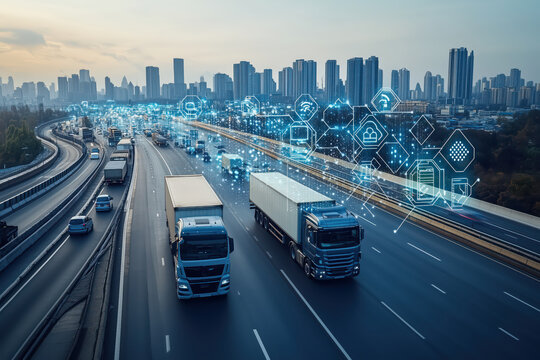 Logistic truck on the road with hologram data network with city on the background.