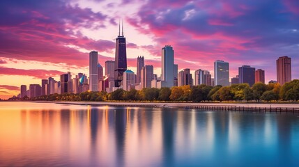 Fototapeta premium A photo of the Chicago skyline at sunset, with tall buildings reflecting in the water and colorful clouds above. The river is visible below, and there's an office building on one side 