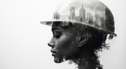 Double exposure of construction worker with city skyline overlay, showcasing connection between labor and urban life. image evokes sense of determination and progress