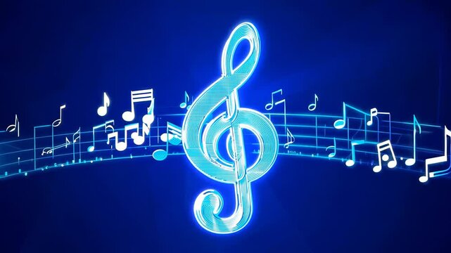 Glowing treble clef pulsating with moving music notes