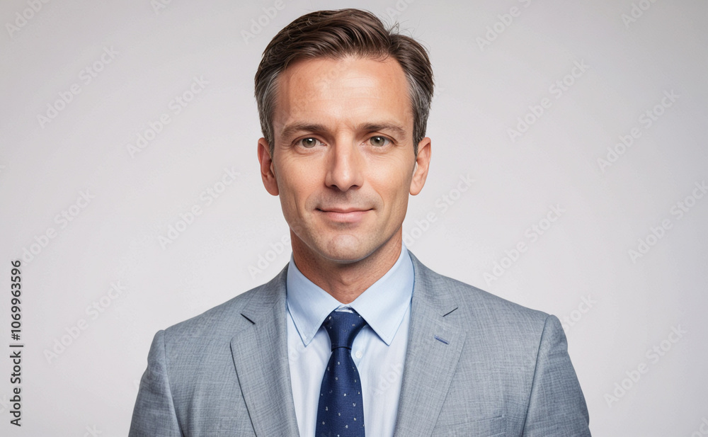 Poster man wearing a suit and tie is smiling for the camera