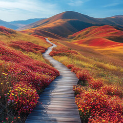 vibrant landscape featuring winding wooden path through colorful flower fields, surrounded by...