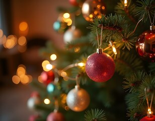 Christmas decoration of a Christmas tree, with balls and lights, in a luxurious house with a warm and calm atmosphere.
