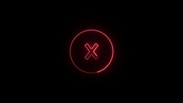 Neon close icon glowing animation. wrong icon with looping on black background 