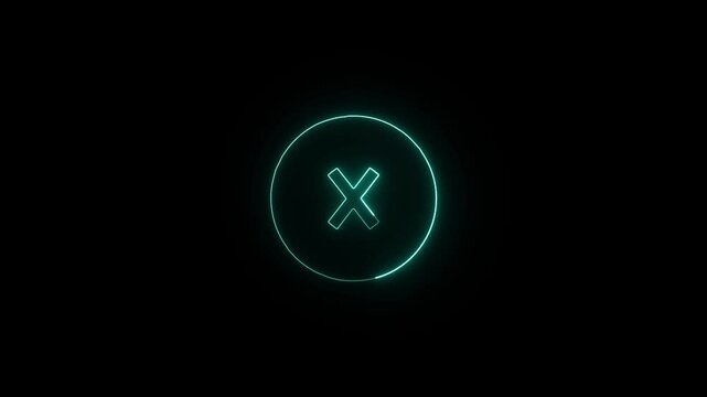 Neon close icon glowing animation. wrong icon with looping on black background 