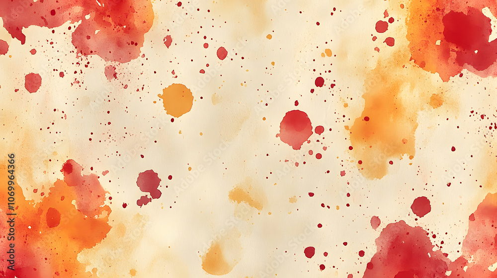 Poster a vibrant watercolor background with splashes of red, orange, and yellow on a soft beige canvas, cre