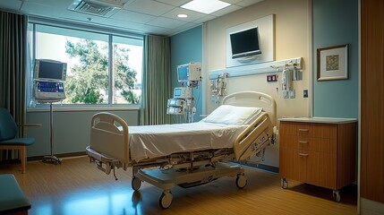 Comfortable hospital room with a modern bed and medical equipment
