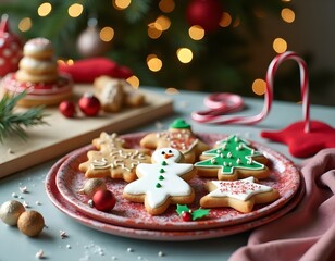 Delicious Christmas sweets and cookies on a table, with Christmas tree decoration, with balls and lights, in a luxurious house with a warm and calm atmosphere

