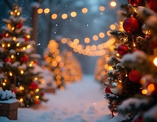 Christmas decoration on the outside of luxury houses, with Christmas trees, balls, lights, on a nightfall with snow and starry sky, with houses in the background.