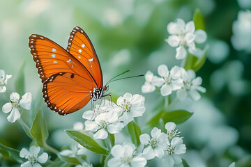 Naklejka premium Vibrant orange butterfly perched on white flowers with a soft green background.