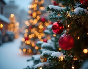 Christmas decoration on the outside of luxury houses, with Christmas trees, balls, lights, on a nightfall with snow and starry sky, with houses in the background.