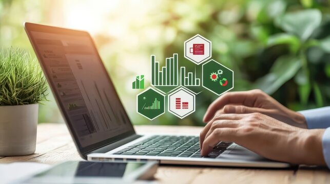 Hands typing on laptop with procurement software open, illustrating streamlined operations