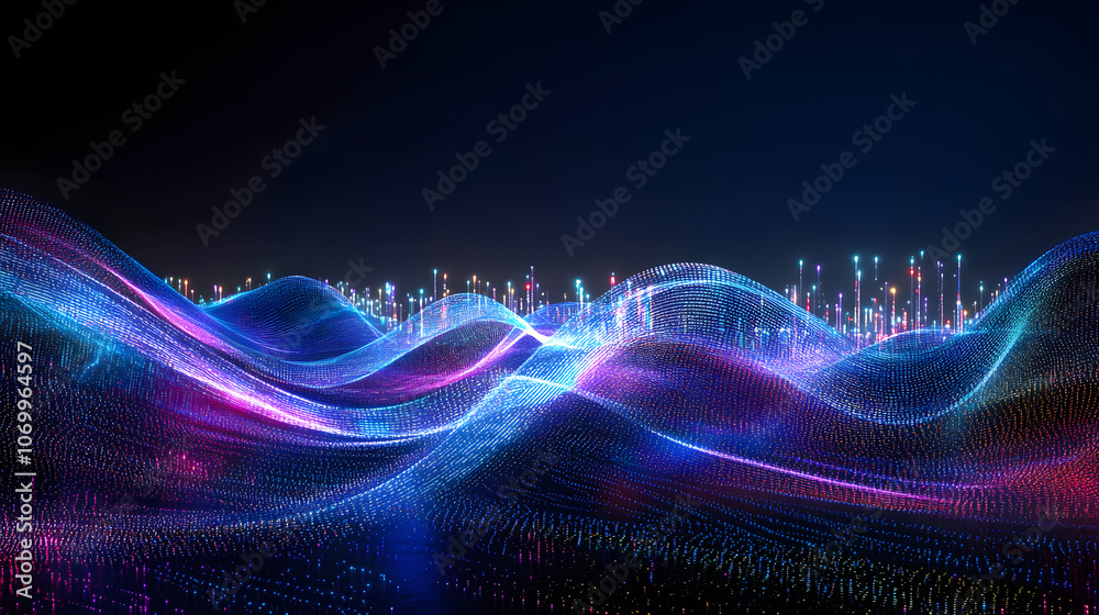 Poster abstract digital wave landscape with vibrant lines and dots representing data visualization and tech