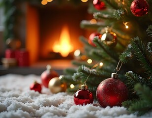Christmas decoration of a Christmas tree, with balls and lights, in a luxurious house with a warm atmosphere and a lit fireplace in the background.