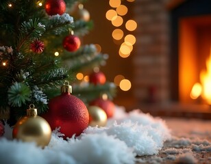 Christmas decoration of a Christmas tree, with balls and lights, in a luxurious house with a warm atmosphere and a lit fireplace in the background.