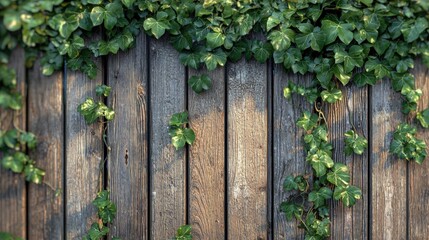 Obraz premium Green ivy cascading down a rustic wooden fence in a sunny outdoor setting