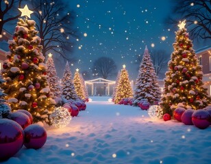 Christmas decoration on the outside of luxury houses, with Christmas trees, balls, lights, on a nightfall with snow and starry sky, with houses in the background.