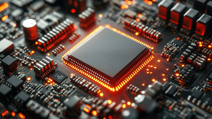 close up view of microchip on circuit board, showcasing intricate details and glowing elements, representing advanced technology and innovation