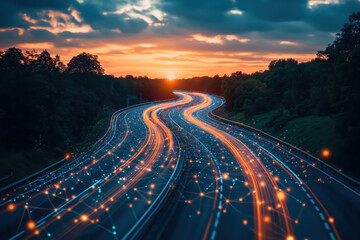 Logistic road with hologram data online network background.