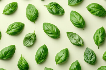 Obraz premium Fresh organic basil leaves in vibrant green arranged on light background, showcasing their rich texture and natural beauty. Perfect for culinary use or decoration