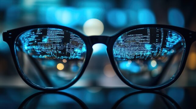 Close-up of code reflecting in a developer's glasses with blue lighting