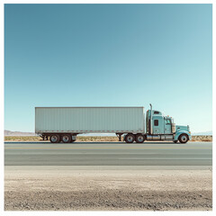 Modern semi truck with trailer on highway under clear blue sky, showcasing its sleek design and powerful presence. truck is parked on roadside, emphasizing its size and functionality