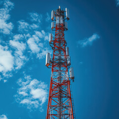 Telecommunication tower against clear blue sky, showcasing modern technology and connectivity. structure stands tall with antennas, symbolizing communication