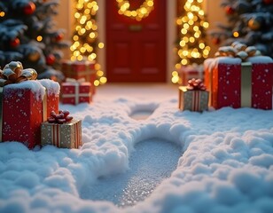 Christmas decoration outside a luxury house, with Christmas trees, gifts and lights, with Santa's footprints in the snow, with lights in the background.