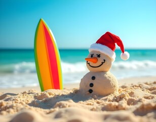 Happy Christmas snowman made with sand, on a vacation day on a paradise beach, with a surfboard, by the sea, on a sunny day