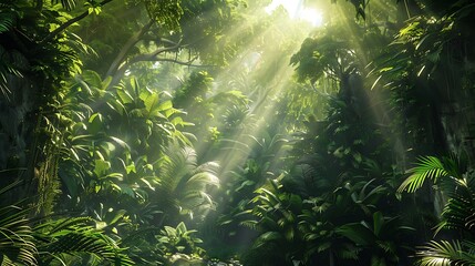 Obraz premium Sun rays shining through the leaves of tropical plants in the botanical garden