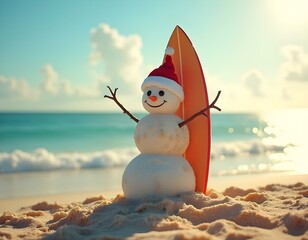 Happy Christmas snowman made with sand, on a vacation day on a paradise beach, with a surfboard, by the sea, on a sunny day