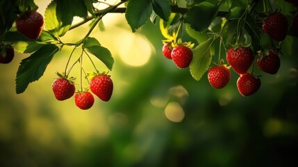 Obraz premium Close-up of ripe red strawberries on a branch with green leaves and blurred background.