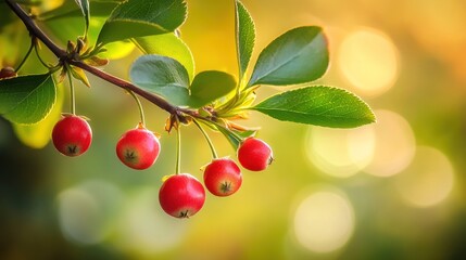 Obraz premium A branch of red berries with green leaves against a blurred golden background.