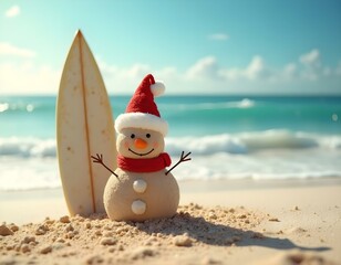 Happy Christmas snowman made with sand, on a vacation day on a paradise beach, with a surfboard, by the sea, on a sunny day