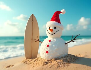 Happy Christmas snowman, on a vacation day on a paradise beach, with a surfboard, by the sea, on a sunny day