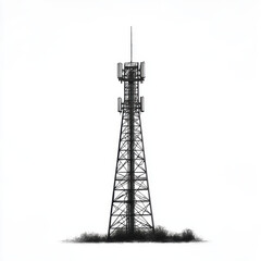 tall radio tower standing prominently against white background, symbolizing communication and connectivity. structure is detailed with antennas and sturdy base, evoking sense of technology and